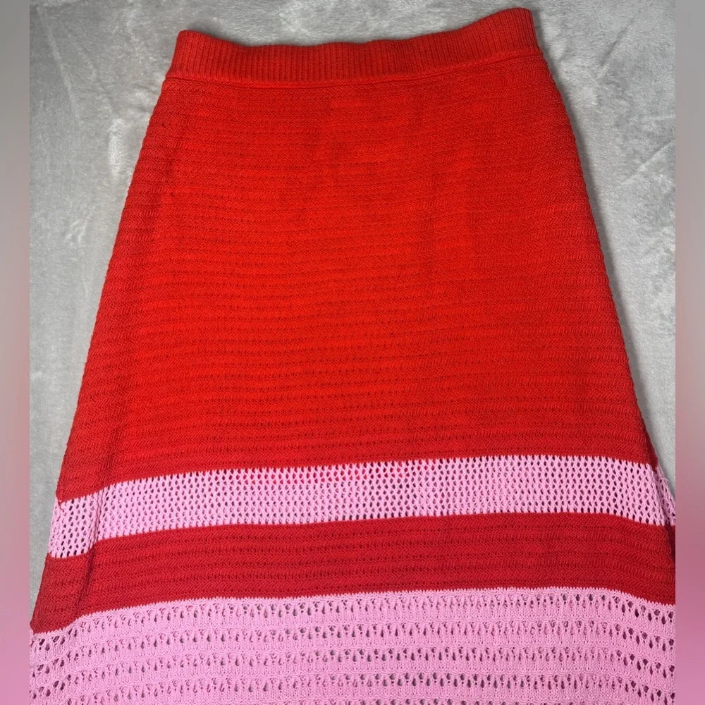 Scoop Crochet Scalloped Hem Red Pink Striped A Line Pull On Midi Skirt Large - Picture 4 of 16